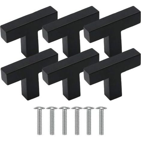 6 Poignée Meuble Acier Inoxydable, Bouton de Porte en T, Poignée Meuble 1 Trou Boutons de Tiroirs Noir Boutons Carrés avec Vis pour Tiroirs Armoires Placard Commode (1/4)