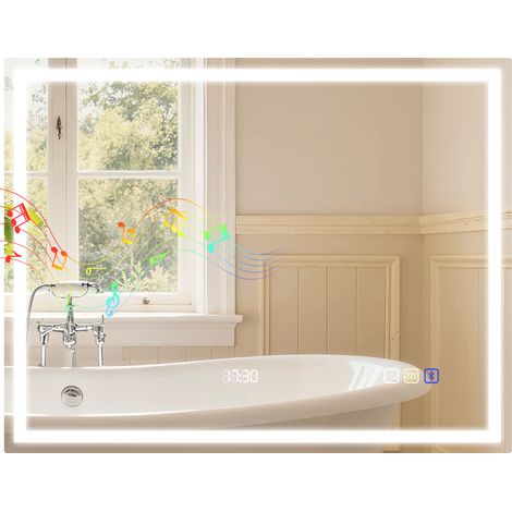 Miroir salle de bain LED bluetooth 90 x 70 cm interrupteur tactile lumière réglable 3 couleurs anti-buée mémoire argent, déco maison, aménagement intérieur (1/5)