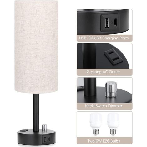 Lampe De Table - Commande Tactile Réglable 3 Niveaux - Prise USB-C + USB + Prise Secteur 120 V - Pour Chambre À Coucher Bureau Salon - 1 Pièce (1/5)