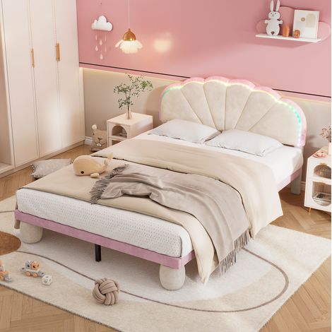 Cama tapizada moderna 140x200 cm en terciopelo beige y rosa, cabecero ondulado con luces LED multicolor y somier de láminas (1/5)
