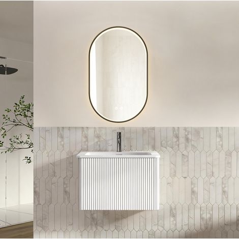 Meuble de salle de bains avec miroir LED, vasque intégrée et meuble sous vasque mural, éclairage réglable, fonction antibuée, design rainuré blanc, montage facile – CHICFURN (1/5)