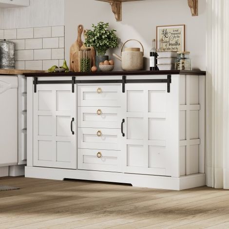 Buffet avec portes coulissantes et 4 tiroirs, en MDF, blanc, 150 x 40 x 85 cm (1/5)