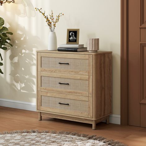 Commode 3 Tiroirs Rotin, Rangement Chiffonnier, Pieds Bois Massif, Bohème, 76x35x76 cm, Chêne (1/5)