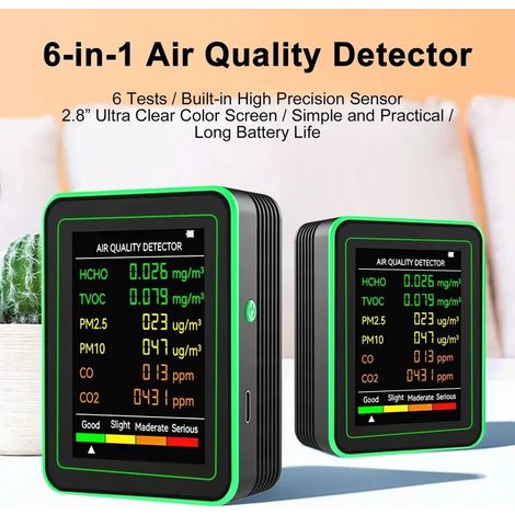 Moniteur de qualité de l'air 6 en 1, compteur de CO2 multifonctionnel, testeur de PM2.5, PM10, CO, HCHO et COVT, analyseur d'air intérieur avec écran LCD, rechargeable (1/5)