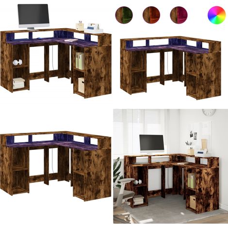 vidaXL Bureau et lumières LED chêne fumé 130x130x91cm bois ingénierie (1/5)