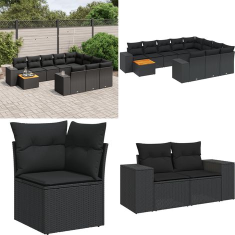 11-tlg. Garten-Sofagarnitur mit Kissen Schwarz Poly Rattan - Gartensorte - Gartenmöbelset - Esstischgarnitur - Lounge Möbel - Outdoor Furniture - Home & Living (1/5)