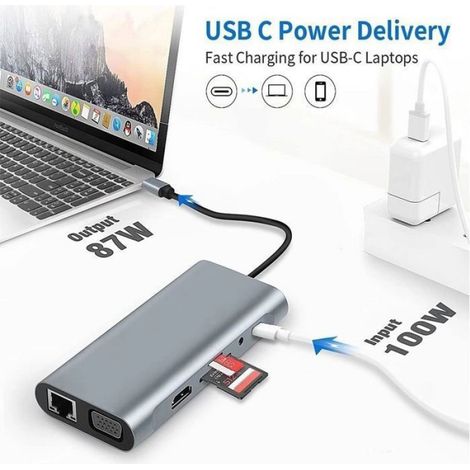 Hub USB C - 11 En 1 - HDMI 4K@30Hz - Ethernet RJ45 Gigabit - Port Charge PD 100W - USB 3.0 + VGA + Lecteur Carte SD TF (1/5)