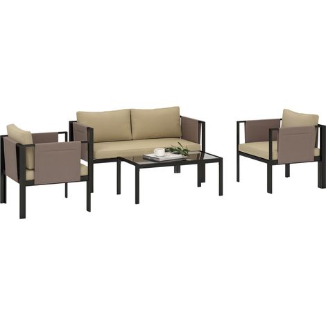 4-Piece Khaki Metal Garden Furniture Set with Tempered Glass Coffee Table,Texteline Pocket,Outdoor Loveseat and Padded Armchairs for Comfort
