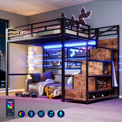 Cama alta 140x200 con estructura de hierro, cama litera infantil con armario, escalera con almacenaje, rejilla colgante, LED y espacio abierto bajo la cama – sin colchón (1/5)