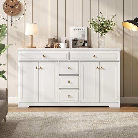 Buffet de 150 x 40 x 85 cm, commode pour chambre ou salon, table d'appoint avec 5 tiroirs, meuble à étagères réglables et 4 portes, largeur 150 cm, blanc, en MDF (1/5)