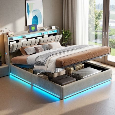 Cama baúl adulto 140x200 - Mecanismo hidráulico silencioso - Iluminación RGB - Puertos USB integrados