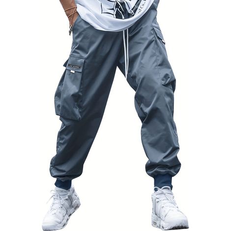 Pantalon Cargo homme à cordon de serrage, poches à rabat, style streetwear décontracté, coupe ample, teinte unie, rétro patchwork, tenue quotidienne extérieure (1/5)