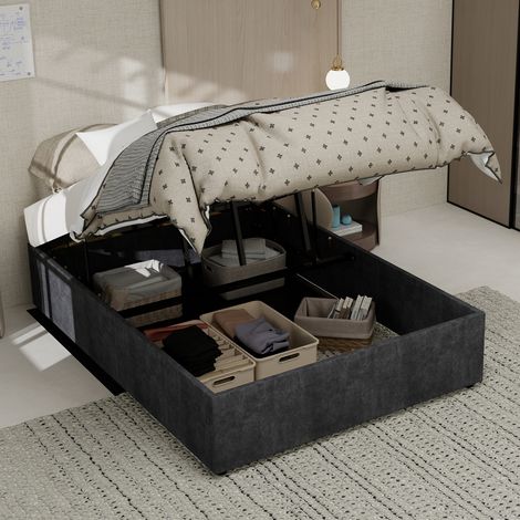REDOM Lit double 140x200 cm cadre moderne avec vérins pneumatiques tissu et métal gris (Sans matelas)