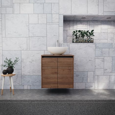 Inda - Badezimmerschrank B.60 mit Aufsatzwaschbecken / Braune Eiche 2 Türen - Saphir