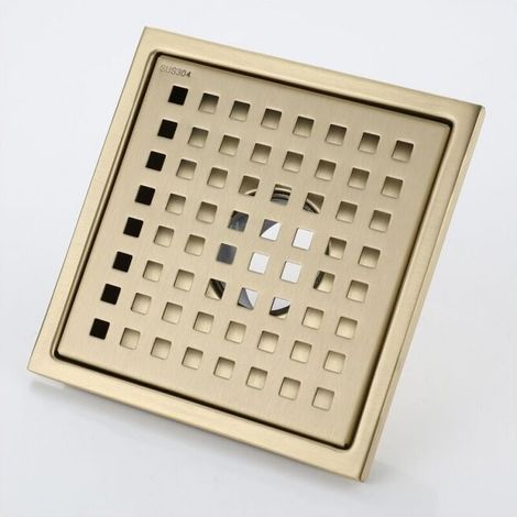 15x15cm Caniveau de Douche Or Acier Inoxydable Carré Drain de Douche Siphon de Sol Drain de Plancher avec Couvercle de Siphon de Sol. Noyau DéSodorisant en Laiton.Brushed Gold [Classe énergétique A] (1/5)