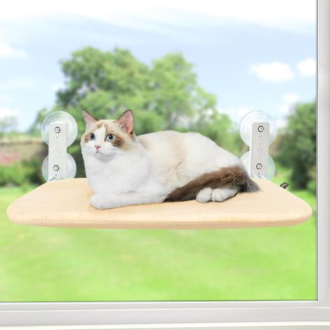 Hamac Chat Fenetre Ventouse Panier Perchoir Suspendu pour Petits Pliable Transat Ttagere Lit Support Fenêtre pour Interieur Grands Chats avec Tapis Réversible Lavable en Machine (Beige,S) (1/5)