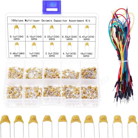 500PCS Multicouches Céramique Assortiment Kit Assortiment 10 Valeurs 0.1uF-10uF Pour Le DIY Électronique Avec Fil de Saut (1/5)