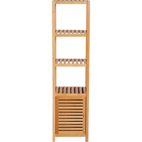 Meuble Colonne Rangement Salle de Bain Bambou Design Naturel 36L x 33l x 140H cm 2 étagères 4 Niveaux + Placard
