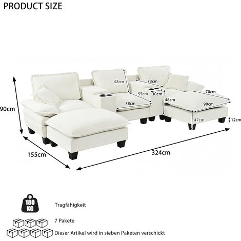 Canapé Cloud modulaire en U beige tissu chenille. Porte-gobelets et rangement intégrés, port USB, ottomans et coussins inclus