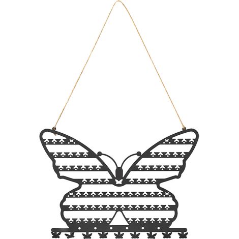 Étagère à bijoux murale 7 niveaux en métal ajouré forme papillon pour colliers et boucles d'oreilles, présentoir décoratif noir (1/4)