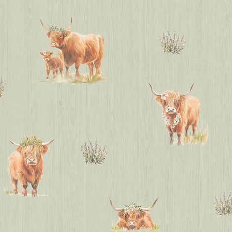 Sage Green Wallpaper Highland Cows Country Farmhouse Animal Woodgrain Paper (1/4)
