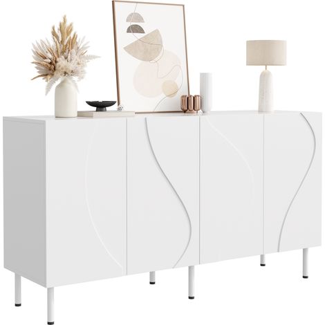 Buffet moderne avec portes incurvées 3D, sans poignées, idéal pour le salon ou l'entrée, en panneaux de particules et MDF, pieds en métal. (1/5)