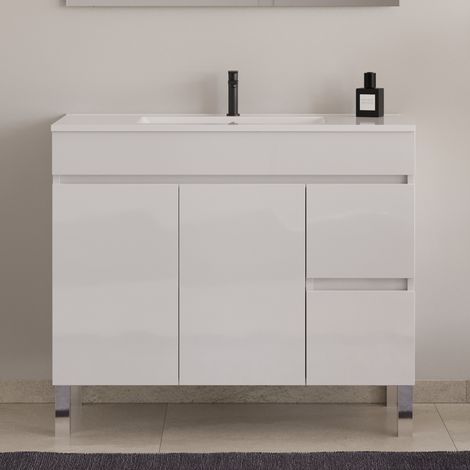 Meuble de salle de bain 90cm simple vasque - sans miroir - sur pieds avec portes et tiroirs - blanc brillant - HARO
