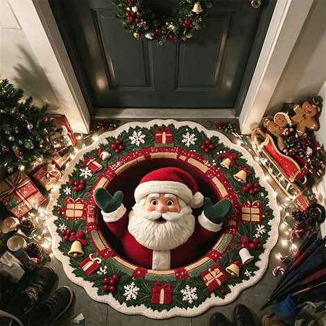 Tapis de Noël Ø 60 cm, Effet 3D Trompe-l’Œil, Tapis Décoratif Antidérapant pour Intérieur et Extérieur, Entrée, Salon, Patio et Terrasse (1/5)