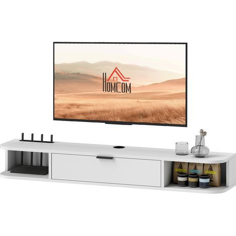 Meuble TV Meuble TV suspendu 120 cm, meuble télé pour téléviseur jusqu'à 50 pouces, tiroir rabattable 2 étagères 120x24x16cm blanc (1/5)