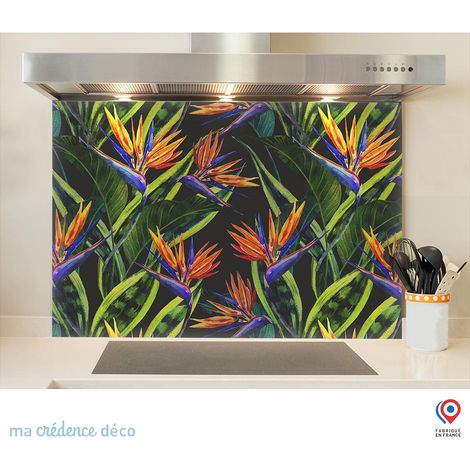 Fond de hotte : Feuilles et fleurs tropicales 2 - Verre trempé - 90 cm - 60 cm (1/5)