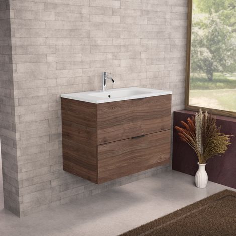 Inda - Meuble de salle de bain L.80 avec vasque mate / Chêne brun (1/5)