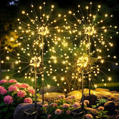 Lot de 4 lampes solaires extérieures effet feu d’artifice – LED en forme d’étoile, lumière blanche chaude – Étanches, autonomes – Parfaites pour jardin, terrasse, allée et chemin (1/5)
