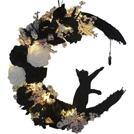 Couronne d'Halloween, lune en forme de chat, fleurs, décorations d'automne pour l'entrée du porche. (1/5)