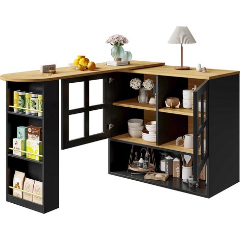 Bar pivotant 360°,design moderne et épuré,multifonction,adapté pour chambre,salon ou salle à manger,avec étagère à snacks,5 niveaux de rangement,buffet pivotant avec étagères et porte en verre,noir