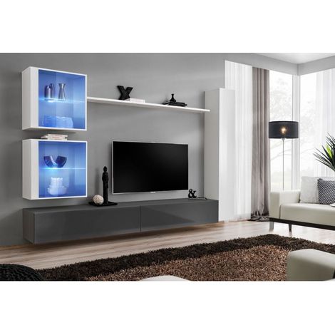 Ensemble mural - Switch XVIII - 2 vitrines LED - 1 vitrine verticale - 2 bancs TV - 1 étagère - Blanc et graphite - Modèle 1 - Livraison gratuite