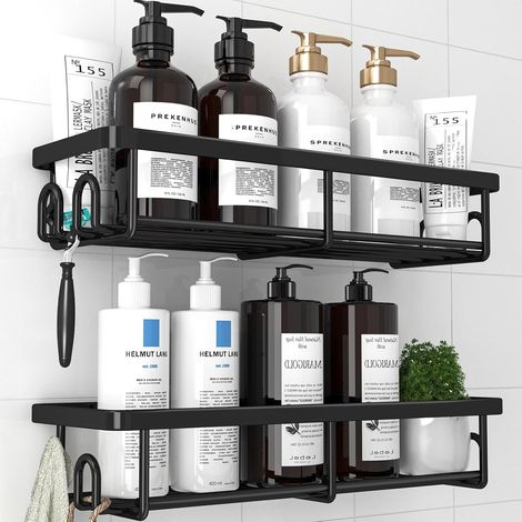 Étagère de Douche Sans Perçage - Lot de 2, Serviteur de Douche Adhésif en Acier Inoxydable avec Crochets, Rangement Salle de Bain, Antirouille, Noir (1/5)