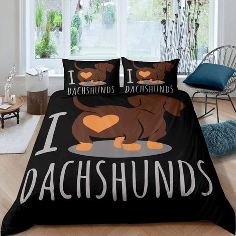 Parure de lit double avec housse de couette et motif teckel - Pour enfants et adolescents - Noir et marron (1/3)