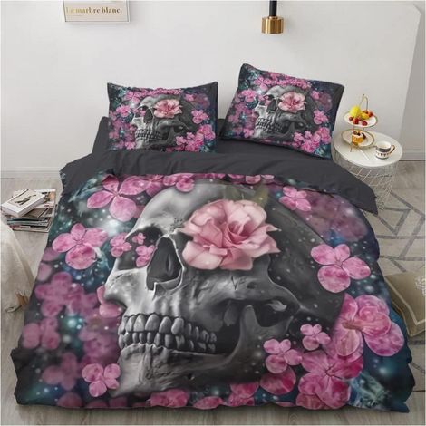 Bettwäsche-Set 200x220 cm Totenkopf & Blumen 3D Gothic Microfaser 3-teilig