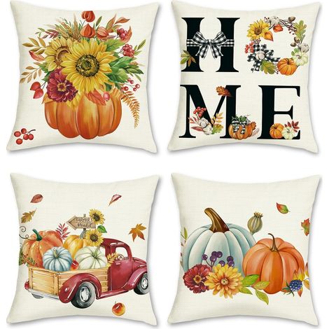 Fundas de cojín decorativas de otoño con estampados de calabazas, flores, camiones y coronas, de poliéster, para sofá, juego de 4, 45 x 45 cm (1/4)