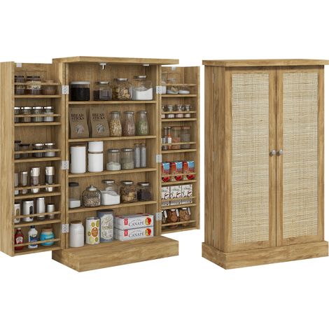 Armoire de cuisine avec 2 portes en rotin et 16 étagères, meuble moderne avec étagères réglables, 60 x 30 x 104 cm, naturel. produit de haute qualité, durable et pratique.