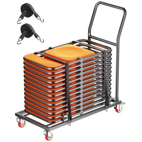 Estante para Sillas Plegable, Capacidad de 136 kg, Carrito de Colocación Horizontal en Forma de L para 25 Sillas, Carrito de Almacenamiento de Metal Resistente con Ruedas de Goma, Negro Mate (1/5)