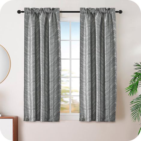 Girasole paire de rideaux occultants motif vagues, effet métallisé, pour salon, chambre, bureau, balcon, porte, fenêtre, 2 panneaux avec passe-tringle (argent, 70 x 150 cm) (1/5)