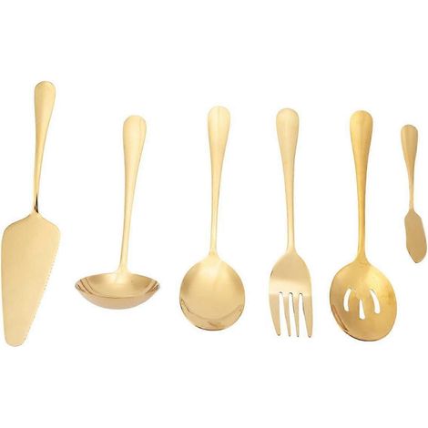 Ensemble de couverts de service 6 pièces, comprenant une pelle à gâteau et une cuillère de service ajourée dorée. (1/4)