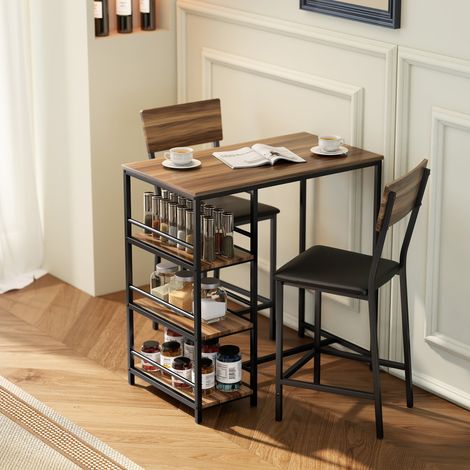 Table de bar à trois niveaux et deux tabourets avec repose-pieds et dossier. En bois et acier. Coloris noir et noyer.