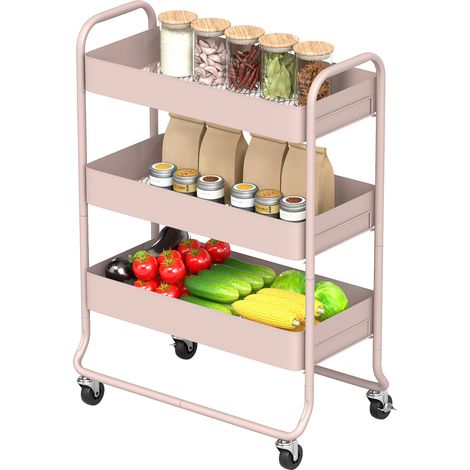 3-Tier Storage Trolley on Wheels, Rolling Utility Cart Mesh Backets for Kitchen, Bathroom, Bedroom, Light Pink (1/5)