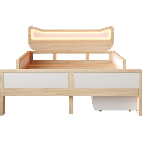 Letto bambini 140 x 200 cm testiera gatto LED RGB, cassetto, contenitore, sponde, bianco rovere (1/5)