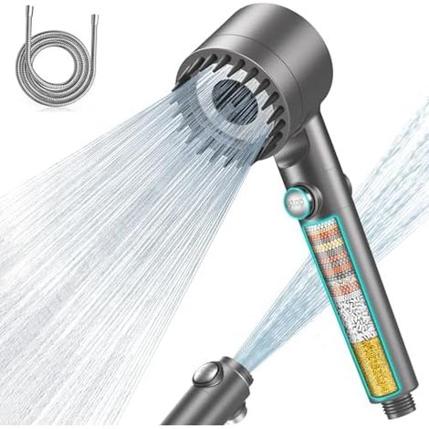 Duschkopf mit Filter in 15 Schichten, Hochdruck Handbrause mit 1,5 M Schlauch, 3+1 Strahlarten, Shower Head für Entfernen vom harten Wasser, Rest-Chlor, Bakterien und Schwermetall, Grau