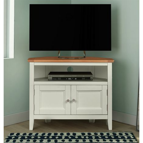Hallowood Furniture Clifton Oak Painted Green Off White Corner TV Unit with Cable Hole & Cupboard, 2-Door Solid Wooden Small TV Stand Cabinet with 1 Shelf, Corner Unit for Living Room or Bedroom (1/5)