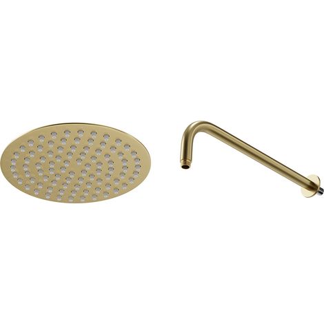 Colore Round Brushed Brass 200mm Thin Fixed Shower Head and Wall Arm (1/5)
