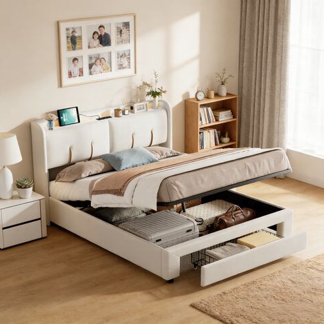 Polsterbett mit Stauraum 140x200cm, Gepolstertes Kopfteil mit LED-Beleuchtung und USB Ladestation, Doppelbett für Erwachsene Jugendliche, Lattenrost, Metallstruktur, Samt, Beige (1/5)